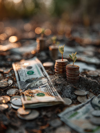 This image showcases US currency, coins, and small plants symbolizing financial growth and investment. The composition features a stack of coins with seedlings and scattered dollar bills on a ground. The scene is illuminated by sunlight, creating a warm, natural ambiance, suitable for illustrating financial topics.の素材