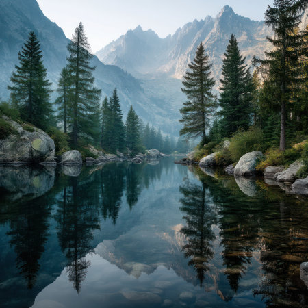 A tranquil mountain scene showcases a lake with clear reflections of surrounding trees and peaks under a clear sky. The image features lush evergreens, rocky terrain, and soft lighting. This landscape could be used for various purposes such as travel and nature-related projects.の素材