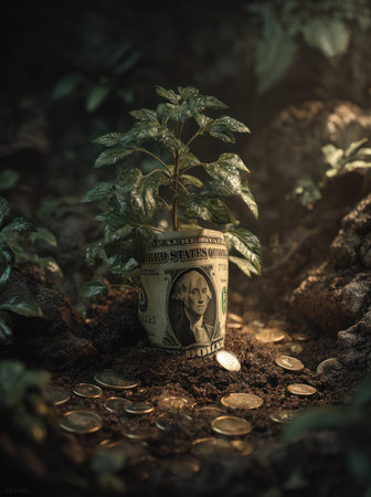 A close-up shot depicts a plant growing inside a container made from a US dollar bill. Surrounding the container, several coins are scattered in the dark soil. The scene is illuminated by soft lighting, highlighting textures. This visual can be suitable for financial concepts and business-related visuals.の素材