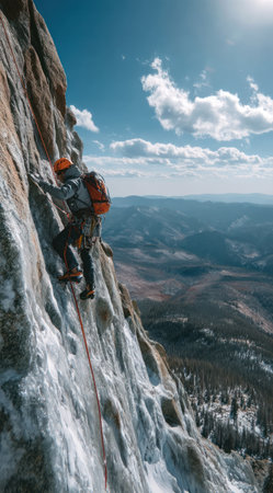 A climber ascends a massive rock face. The image showcases the climber's effort and the challenging terrain. The bright overhead sunlight and clear skies highlight the vast mountain environment. This image is suitable for illustrating adventure, outdoor pursuits, and the spirit of challenge in various commercial projects.の素材