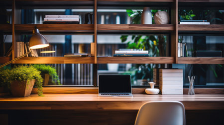 A home office setting features a wooden desk with a laptop and various decorative items. Wooden shelves behind display books, vases, and plants. The scene is illuminated by a desk lamp and natural light. Suitable for commercial or editorial use, showcasing workspace design and lifestyle themes.の素材