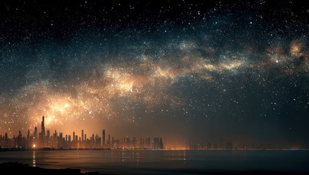 An illustration depicts a city skyline beneath a dramatic night sky filled with stars and a luminous galaxy. The scene features warm, golden hues against a dark blue background with the water reflecting the city's lights. This composition could be used for various editorial or commercial purposes.の素材