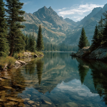 A scenic view captures a tranquil lake surrounded by towering mountains and evergreen trees. The clear water mirrors the peaks and foliage. The composition showcases a natural setting with varying green hues and textures. Suitable for illustrating outdoor adventures and environmental themes, this image offers versatile editorial applications.の素材