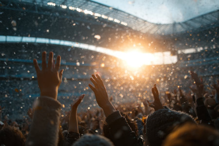An image captures a crowd with raised hands in a stadium setting. The composition is filled with confetti, and vibrant sunlight pours through the scene, illuminating everything. The photo could be used for promotional material or illustrate concepts like celebration and enthusiasm, suggesting widespread joy and excitement.の素材