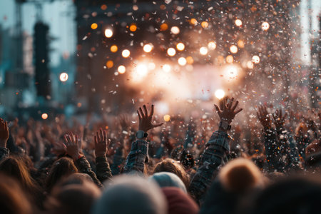 Crowd of people gather, raising their hands with confetti falling in the air. Warm lighting illuminates the scene. The image showcases a celebratory atmosphere, possibly depicting a concert or festival. Potential uses include promotion of events or illustrating concepts of entertainment.の素材
