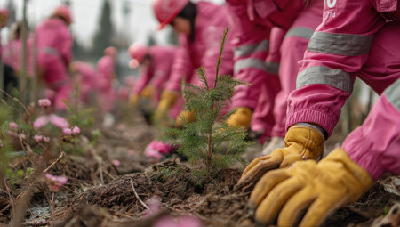 A group of individuals wearing pink uniforms are actively engaged in planting small trees. The scene depicts a close-up perspective of hands in yellow gloves, interacting with the soil and young saplings. The composition presents a focus on teamwork. This image could be utilized for ecological or environmental concepts.の素材