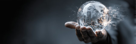 A hand cradles a luminescent sphere, suggesting a futuristic concept. The image features cool tones and atmospheric lighting, creating a mysterious mood. It could be useful for illustrating themes of technology, data, or global concepts. The style is modern, ideal for commercial or editorial projects.の素材