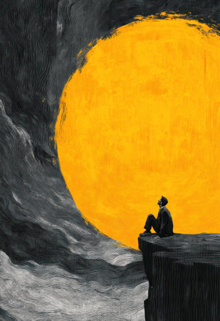 A solitary figure sits on a precipice, gazing at a large, vibrant yellow orb. The monochromatic palette contrasts with the radiant sun, creating a dramatic visual impact. The artwork features textured brushstrokes and evokes a sense of introspection. This image is suitable for artistic, conceptual, or editorial projects requiring symbolic visuals.の素材