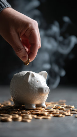 A hand places a coin into a white piggy bank, symbolizing savings. The image features a shallow depth of field, highlighting the bank and coins. Smoke adds a visual element to the scene. This image could be used for financial planning or investment-related content.の素材