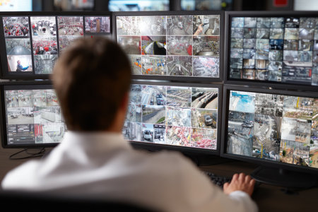 A person is focused on multiple computer monitors displaying various video feeds. The screens show fragmented images of different locations and activities. The composition employs a shallow depth of field, with the person in the foreground and screens in focus. This could be used for various editorial or commercial purposes.の素材