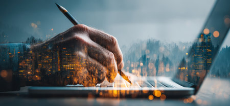 A close-up view shows a hand holding a pencil and appearing to write on a laptop keyboard. The visual style incorporates a blended overlay of a city at night. The image features warm and cool tones, suggesting a contrast in light. It is suitable for commercial and editorial purposes.の素材