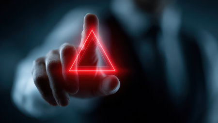 A person's finger points towards a glowing red triangle against a dark backdrop. The composition features a shallow depth of field, with the hand in sharp focus and the background blurred. This image uses vibrant colors and strong lighting creating a modern feel suitable for various conceptual themes.の素材