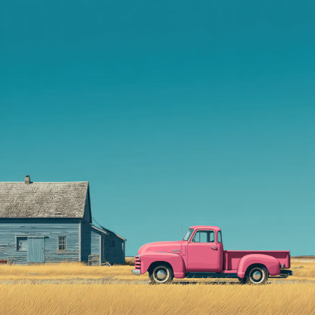 An image showcases a pink vintage truck parked next to a weathered building. The scene is bathed in sunlight, with a vibrant blue sky providing a backdrop to the building. The composition utilizes a minimalist style, suggesting a rural environment with potential applications for design and editorial purposes.の素材