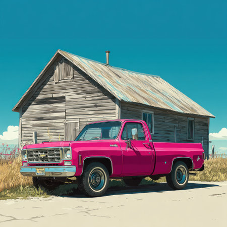 A vibrant pink classic truck is parked next to a weathered wooden building under a bright blue sky. The image features a daylight composition with strong colors and a focus on the vehicle. This image might be suitable for various commercial or editorial applications.の素材