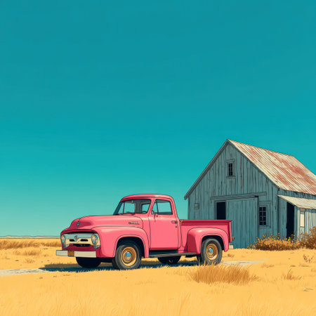 A classic pink pickup truck stands before an aged wooden barn under a bright blue sky. The image features vibrant colors, contrasting textures, and a strong horizontal composition. The scene suggests a rural setting with warm sunlight. Suitable for illustrating various themes, this image may be used in commercial and editorial projects.の素材