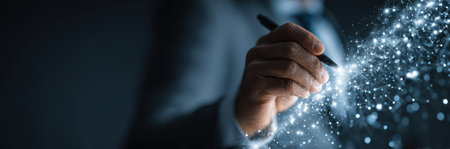 A close-up shot captures a person's hand writing with a pen, surrounded by glowing particles. The image showcases a dark background with blue and white colors and highlights. The composition suggests conceptual ideas that could be employed in business presentations, technology articles or other creative uses.の素材