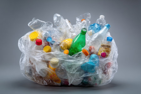 A clear plastic bag is overflowing with various discarded plastic bottles and containers. The contents include an array of colorful caps and containers. The composition is set against a simple gray backdrop. Suitable for presentations on waste, recycling, or environmental concerns. Could be used in articles and commercial projects.の素材