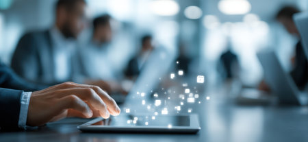 A close-up view depicts a person using a tablet device, with digital icons emerging from it. The image uses cool tones and soft focus to highlight the technology. In the background, blurred figures suggest a collaborative setting. This image may be used for marketing materials or illustrative content.の素材