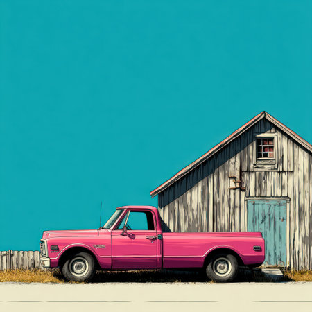 A vibrant pink pickup truck is parked beside a weathered wooden barn, set against a bright blue sky. The graphic illustration showcases bold colors and a flat design style, creating a clear and simple composition. Suitable for various applications, this image could be used for advertising or editorial purposes.の素材
