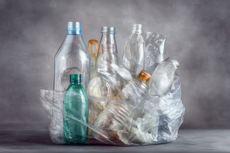 An assortment of plastic bottles, both clear and colored, are contained within a transparent plastic bag. The composition shows variations in shapes and sizes. The lighting is soft, and the overall style is clean. This image is suitable for illustrating themes related to recycling and environmental issues.の素材