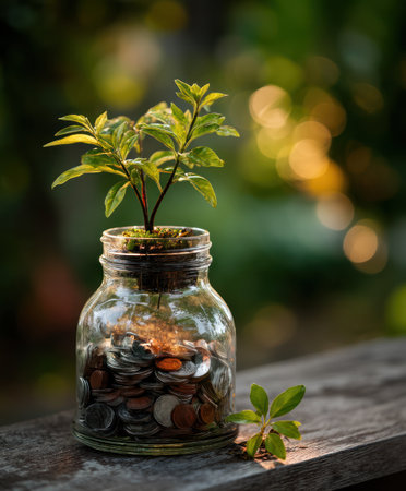 A glass jar filled with coins supports a growing plant, symbolizing financial growth and investment. The image displays natural light, with soft focus on the background. The composition suggests concepts of saving, wealth, and environmental responsibility, suitable for illustrating business or financial themes.の素材