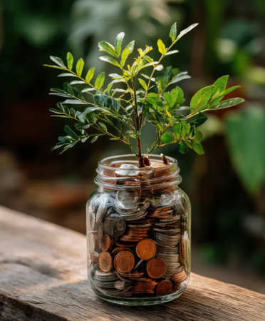 A vibrant green plant sprouts from a jar filled with coins, creating a compelling visual. The composition features clear glass showcasing the coins, enhanced by soft natural lighting. It suggests concepts of finance, investment, and growth. Suitable for use in financial articles, presentations, or promotional materials.の素材
