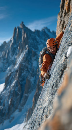 A climber in orange attire is scaling a steep rock face. The image showcases a mountain range under a clear blue sky. The composition features a close-up of the climber and the textured rock, set against the backdrop of snowy mountain peaks. This image could be used for various commercial or editorial purposes.の素材