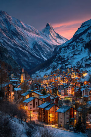 A scenic landscape showcases a village situated within a valley, surrounded by towering, snow-covered mountains. The composition features a variety of buildings illuminated with warm light against a backdrop of twilight hues. The image suggests a peaceful, remote setting, suitable for various editorial and commercial applications.の素材
