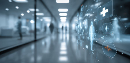 A long corridor with a blurred background features a digital overlay representing medical advancements. The cool color palette and soft lighting create a futuristic ambiance. Elements suggest technology and patient care, suitable for illustrating advancements in medicine, and health related concepts.の素材