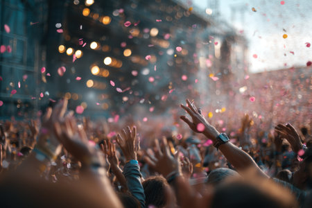 An enthusiastic crowd raises their hands as confetti rains down in this dynamic image. The composition features a shallow depth of field, with soft focus on the background. The scene suggests a festive celebration, illuminated by warm lighting. Suitable for commercial or editorial applications related to events and entertainment.の素材