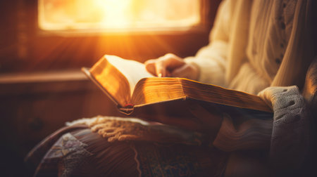 A person reads a book illuminated by a warm light. The image features soft textures and a shallow depth of field, with warm tones dominating the scene. The setting appears to be indoors, possibly near a fireplace or similar light source. This image could be used for various editorial and commercial purposes.の素材