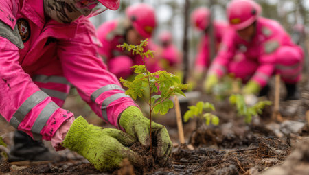A group of people wearing pink protective gear plant saplings in the soil. The image showcases close-up details of hands and gloves against a blurry background. The setting appears to be a natural environment, possibly a forest or woodland. It's suitable for illustrating themes like environmental conservation or reforestation efforts.の素材