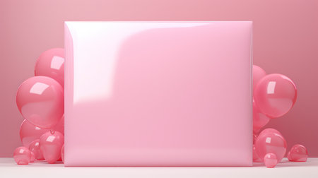 A pink background features a central glossy square frame, surrounded by several pink balloons of various sizes. The composition exhibits a smooth, clean texture with soft lighting. This style is suitable for commercial use, offering a clean, modern aesthetic perfect for design or advertising projects.の素材