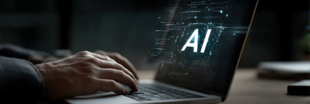 A person types on a laptop, with a screen displaying the letters "AI" in bright text. The image features a dark, muted color palette with a shallow depth of field, suggesting a focus on the technology. The scene likely occurs indoors and could be suitable for use in articles or advertisements related to artificial intelligence.の素材