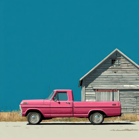 A vibrant pink pickup truck is parked beside a weathered wooden structure. The image showcases a vivid color palette, highlighting the truck's bright hue against the muted tones of the building and the clear blue sky. This composition could be used for various commercial projects and editorial content.の素材