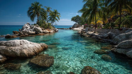 This image showcases a tranquil coastal scene featuring clear turquoise water, rocky formations, and lush tropical trees. The composition includes a balanced arrangement of natural elements bathed in bright sunlight. It could be used for various commercial purposes, including travel, tourism, and environmental projects.の素材