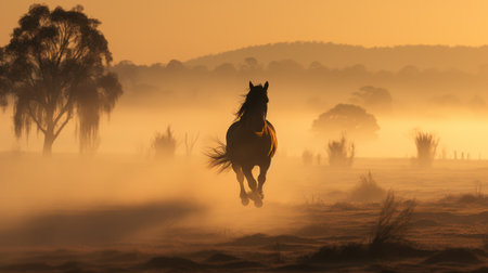 A horse gallops freely across a misty field as the sun rises. The image displays a silhouette against a backdrop of golden light. Atmospheric fog creates a soft texture, and the composition evokes a sense of freedom. Suitable for various uses, this image could enhance projects with natural themes.の素材