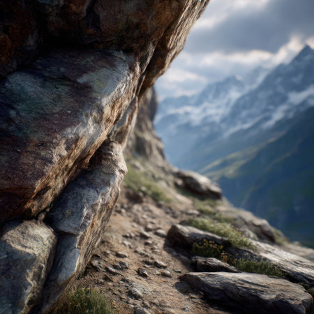 A close-up view presents a textured rock formation in the foreground, contrasted by a distant mountain range. The composition emphasizes natural elements such as stone, earth, and sky. The image features natural sunlight and could be used for various commercial or editorial applications.の素材