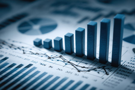 A close-up view displays a series of blue bar graphs and line charts printed on a light background. The composition features a progression from low to high points, suggesting upward trends. This image may be used in commercial contexts, such as illustrating financial reports or data analysis.の素材