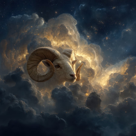 A ram's head emerges from a luminous cloud formation, bathed in a warm, ethereal glow. The image showcases detailed textures and a dramatic contrast between light and shadow. Suitable for editorial and commercial applications, the artwork could be used in various projects.の素材