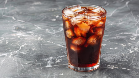 A tall glass filled with a dark-colored drink and numerous ice cubes sits on a textured surface. The beverage's rich color contrasts with the translucent ice. The lighting suggests a studio environment, suitable for various commercial uses. The image emphasizes the coolness and refreshment of the drink.の素材