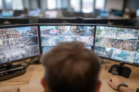 A person is shown from behind while viewing several computer screens displaying various live camera feeds. The scene presents multiple monitors with a focus on real-time visual information. The image utilizes natural lighting and suggests an indoor setting. Potential uses include security, monitoring, and technology related publications.の素材