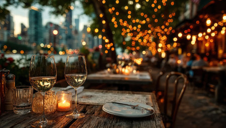 Two wine glasses sit on a wooden table, illuminated by candlelight and warm string lights. The composition features a shallow depth of field, blurring a cityscape in the background. The scene suggests an outdoor restaurant atmosphere, suitable for commercial projects promoting dining or lifestyle.の素材