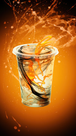 An image showcases a transparent plastic cup containing a clear liquid with a dark swirl. A vivid orange liquid appears to be splashing out, creating dynamic visual interest against an orange background. The artistic style, with its fluid and vibrant colors, suggests potential use for promotional materials or beverage-related concepts.の素材