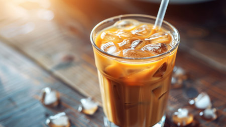 An overhead shot presents a cold beverage of iced coffee with ice cubes. The glass contains the drink and a straw, set upon a rustic wooden surface. The amber liquid complements the scattered ice. It captures natural light, suggesting an appealing refreshment, suitable for commercial projects.の素材