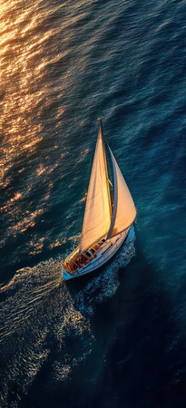 A sailboat glides across the water during a vibrant sunset. The composition displays strong contrasts, with the boat's sails illuminated by golden light against deep blue waves. This imagery could be used in various commercial or editorial contexts, evoking themes of travel, adventure, and exploration in a marine setting.の素材