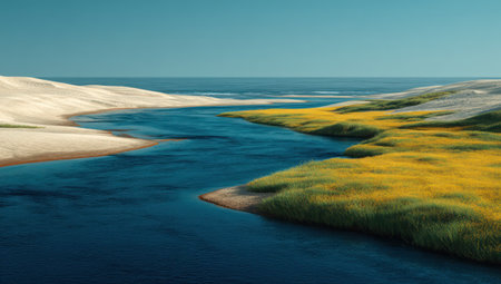 A river of deep blue water winds its way through a landscape of yellow-green grasses and sandy banks. The composition features a symmetrical design with a bright, sunny sky above the horizon. The image suggests a natural environment suitable for various commercial or editorial applications.の素材