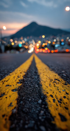 An asphalt road with yellow lines stretches towards a mountain under a twilight sky. The image features shallow depth of field, with blurred lights in the background. The scene suggests a journey, travel, or transportation theme, suitable for various editorial and commercial applications. The composition uses leading lines to create depth.の素材