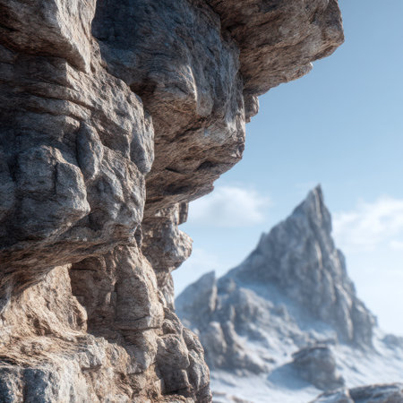 This image showcases a close-up of a weathered rock face, emphasizing texture and detail. The composition includes a distant snow-covered mountain peak against a clear blue sky. The scene is illuminated by natural light, enhancing the ruggedness. Suitable for various applications, including editorial and commercial projects that require scenic elements.の素材