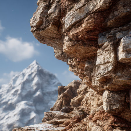 A detailed image presents a rocky cliff face in the foreground, showcasing a range of warm brown and orange hues. In the background, a majestic snow-covered mountain rises under a bright blue sky. The composition creates a sense of depth and scale, ideal for various editorial and commercial applications.の素材
